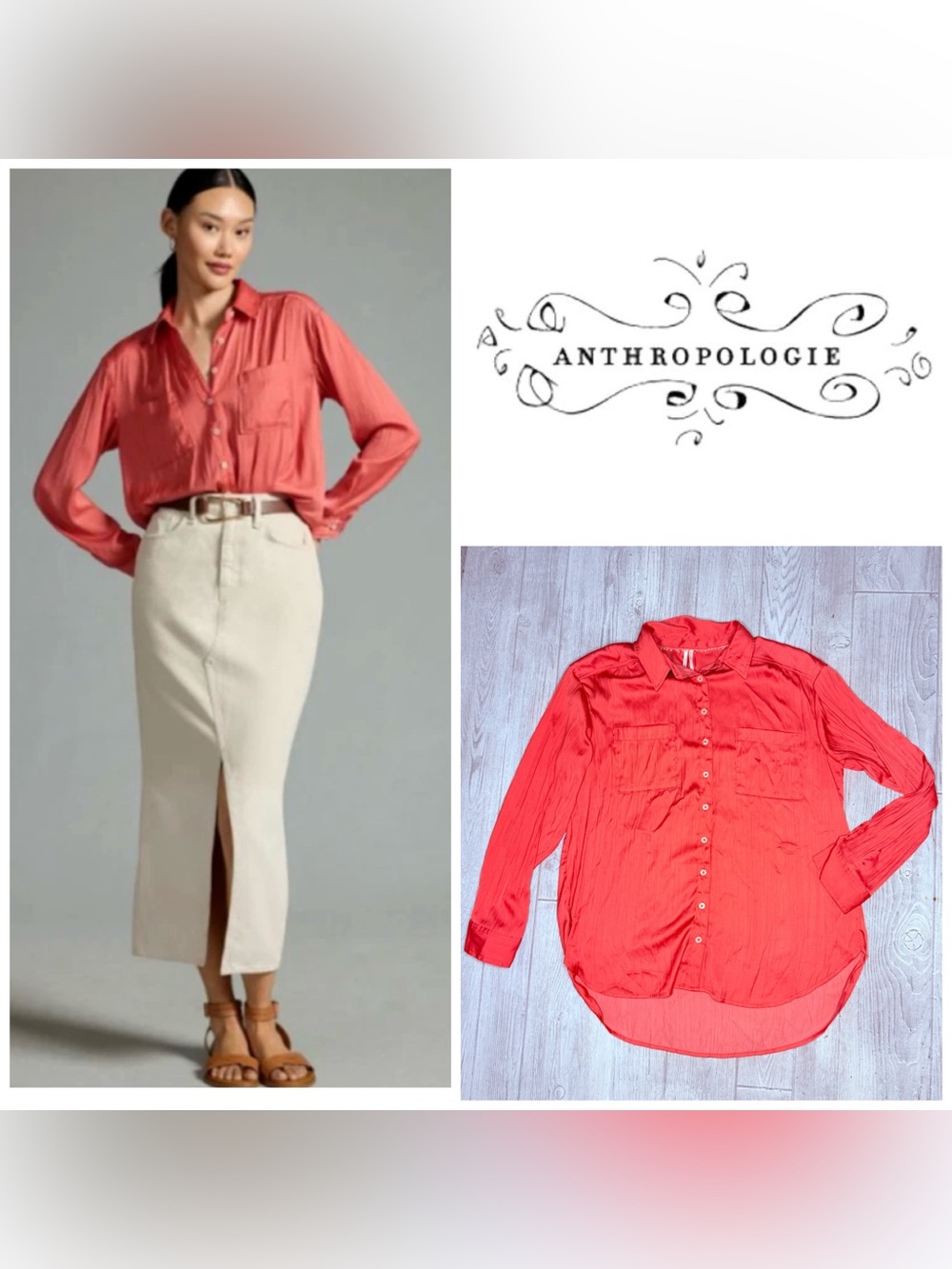 Anthropologie Relaxed Button down long sleeve Shirt salmon pink  medium